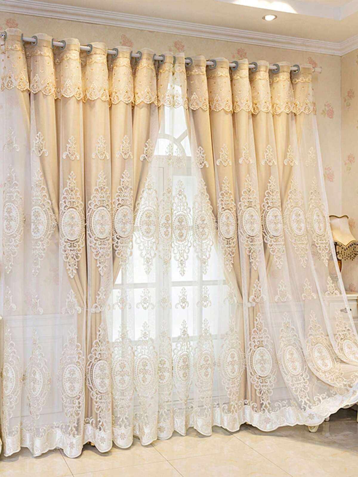 1pc Flower Embroidery Curtain, Modernist Polyester Faux Pearl Decor Blackout Curtain For Bedroom
