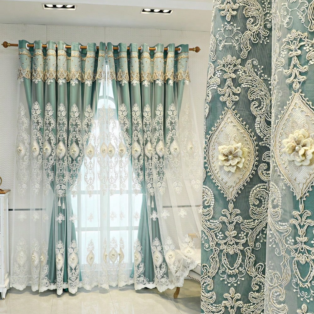 1 Piece Of European-Style Blackout Double-Layer Curtain, 3D Relief Embroidered Flower Yarn, Suitable For Bedrooms, Living Rooms And Other Room Types, Top Hole Ring Processing