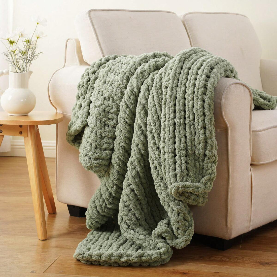 Sage Green Chunky Knit Throw Blanket,Handmade Cable Knit Crochet Blanket,Soft Thick Chenille Throw Blankets For Spring Living Room Decor,50"X60"