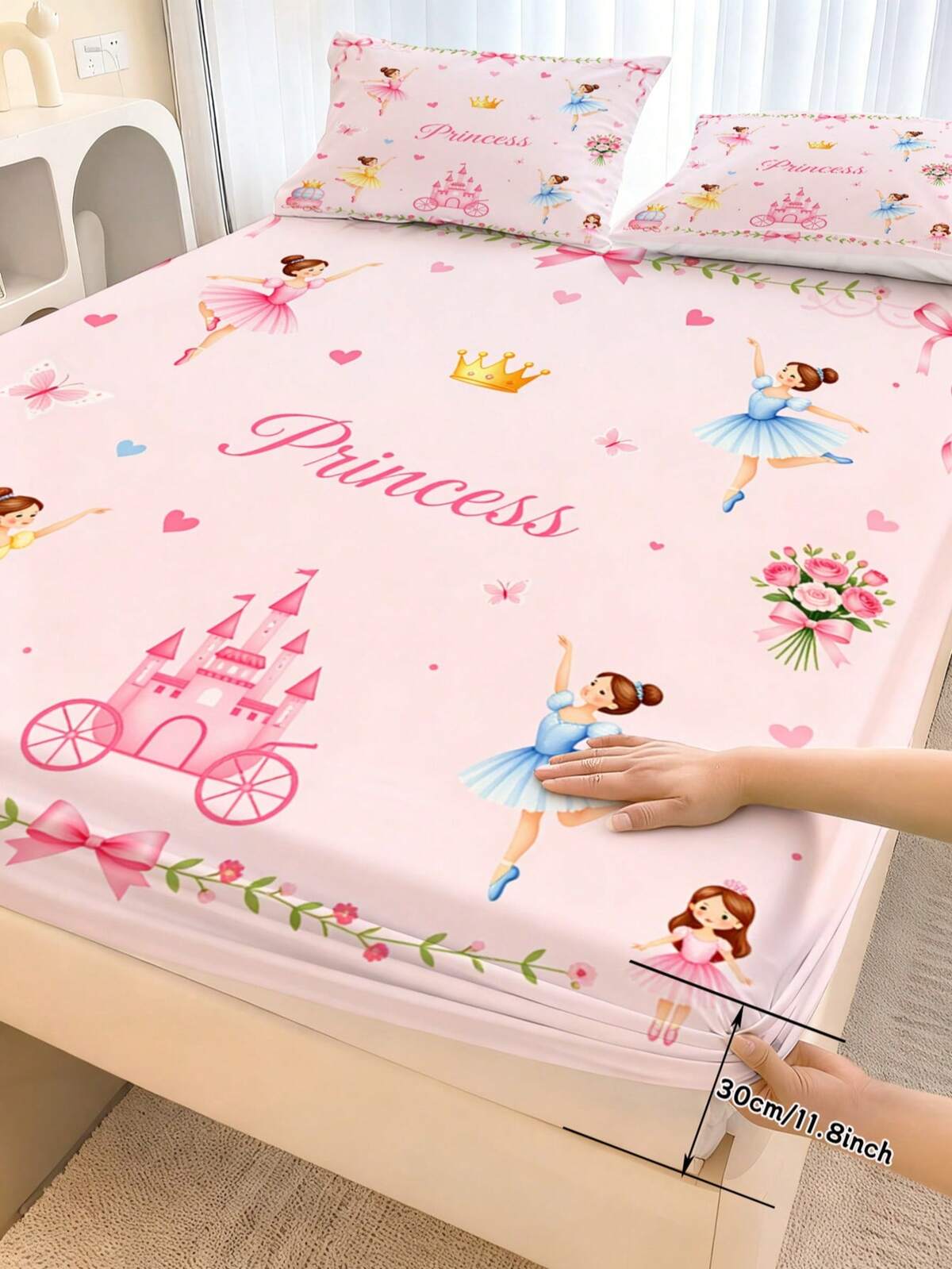 2/3PCS Pink Princess Ballerina Fitted Sheet Set, Castle Crown Print Bedding, Deep Pocket Bed Cover With Pillowcases For Children, Teenagers, Adults, Girls Bedroom